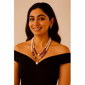 Handcrafted Pink Opal & Amethyst Necklace with Baroque Pearl Pendant – Elegant Multi-Strand Gemstone Necklace