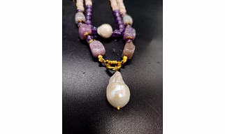 Handcrafted Pink Opal & Amethyst Necklace with Baroque Pearl Pendant – Elegant Multi-Strand Gemstone Necklace
