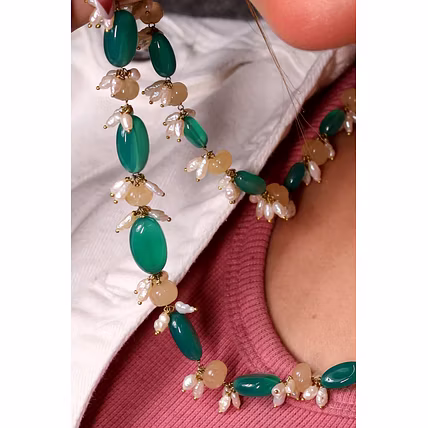 Natural Green Onyx with Yellow Pumpkin Gemstone Necklace-2