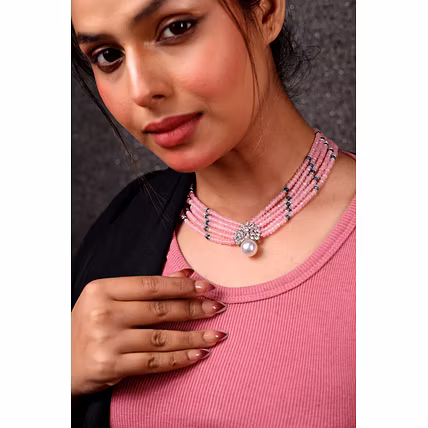 Pink onyx Beads with Pearl Pendant Necklace - Gemstones Necklace-12744023