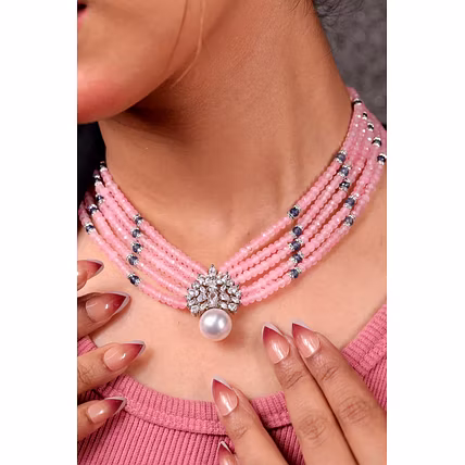 Pink onyx Beads with Pearl Pendant Necklace - Gemstones Necklace-1