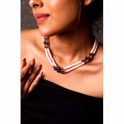 Pink Opal &amp; amethyst Beads Necklace - Gemstones Necklace-1