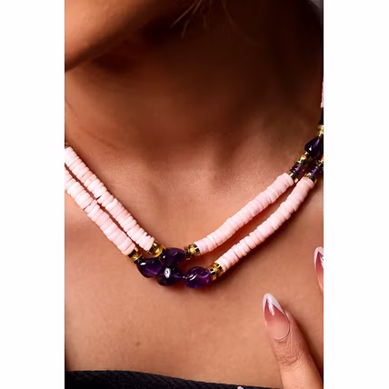 Pink Opal &amp; amethyst Beads Necklace - Gemstones Necklace-2