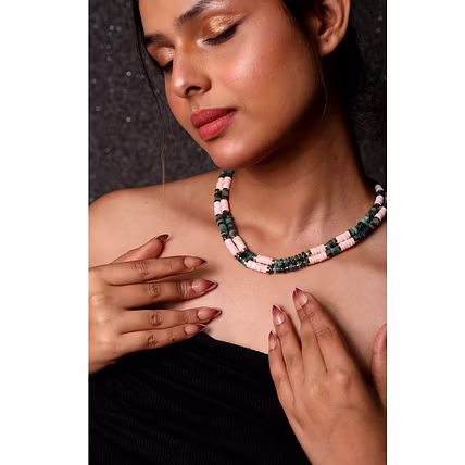 Pink Opal &amp; Green Emerald Heishi Beads Necklace - Gemstones Necklace-12744623