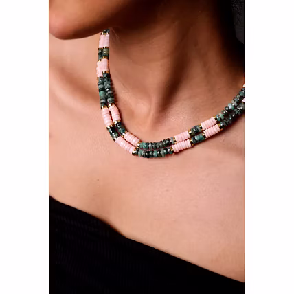 Pink Opal &amp; Green Emerald Heishi Beads Necklace - Gemstones Necklace-1