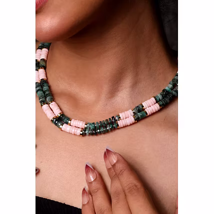 Pink Opal &amp; Green Emerald Heishi Beads Necklace - Gemstones Necklace-2