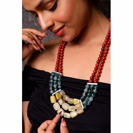 Red Aventurine with Green Jasper and Yellow Tumbles Necklace - Gemstones Necklace-1