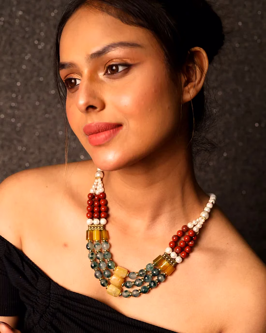 red aventurine with tumbles & pearl necklace - gemstones necklace