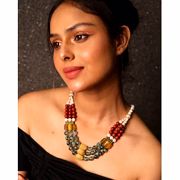 red aventurine with tumbles & pearl necklace - gemstones necklace