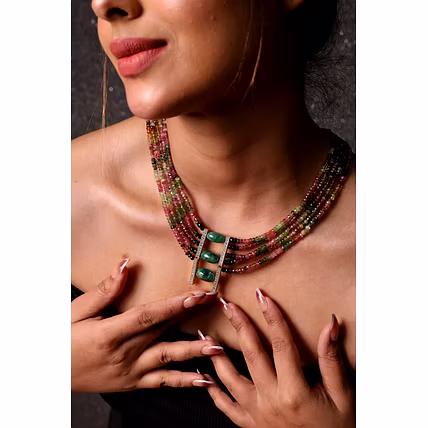 Tourmaline with green tumbles five line necklace - Gemstones Necklace-1