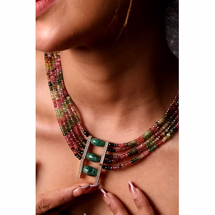 Tourmaline with green tumbles five line necklace - Gemstones Necklace-2