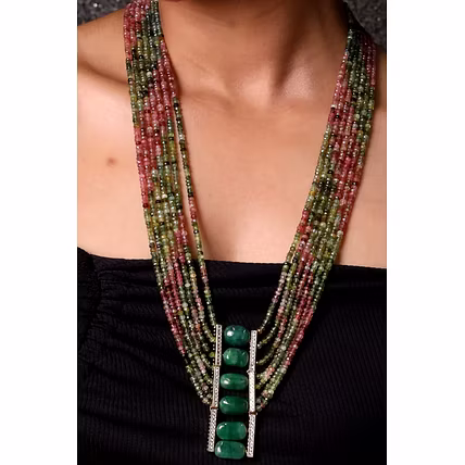 Tourmaline With Green Tumbles Seven line Necklace - Gemstones Necklace-2