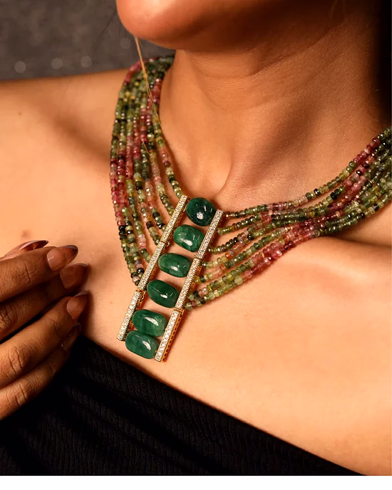 Tourmaline With Green Tumbles Seven line Necklace - Gemstones Necklace image 2