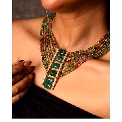 Tourmaline With Green Tumbles Seven line Necklace - Gemstones Necklace-1