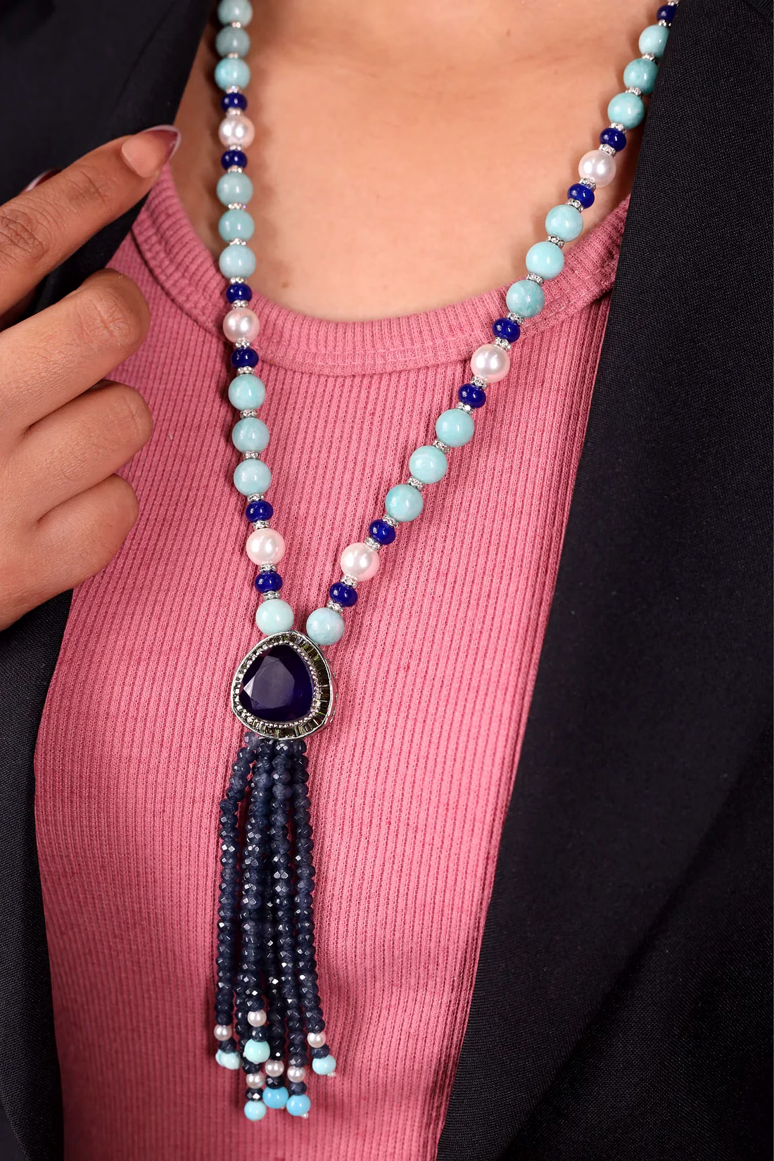Turquoise with Labradorite Bunch Pendant Necklace - Gemstones Necklace image 2