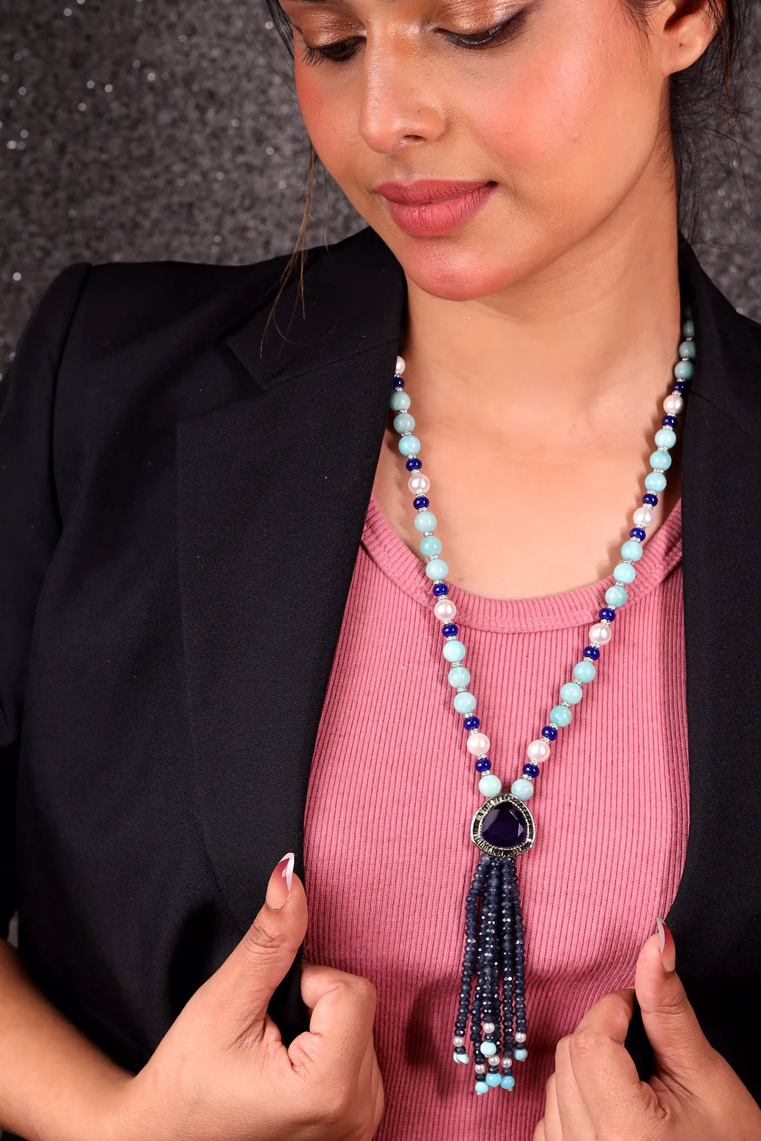 turquoise with labradorite bunch pendant necklace - gemstones necklace
