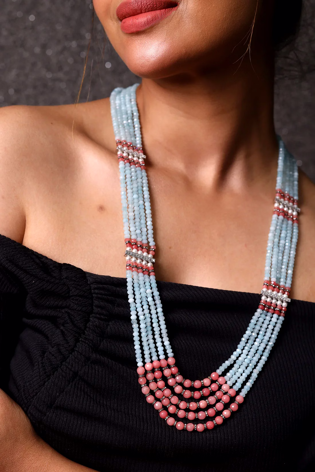 Vibrant Blue Onyx Layered Beads Necklace - Gemstones Necklace image 2