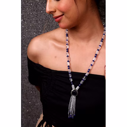 White Crystal with Blue Pendant String Necklace - Gemstones Necklace-12745799