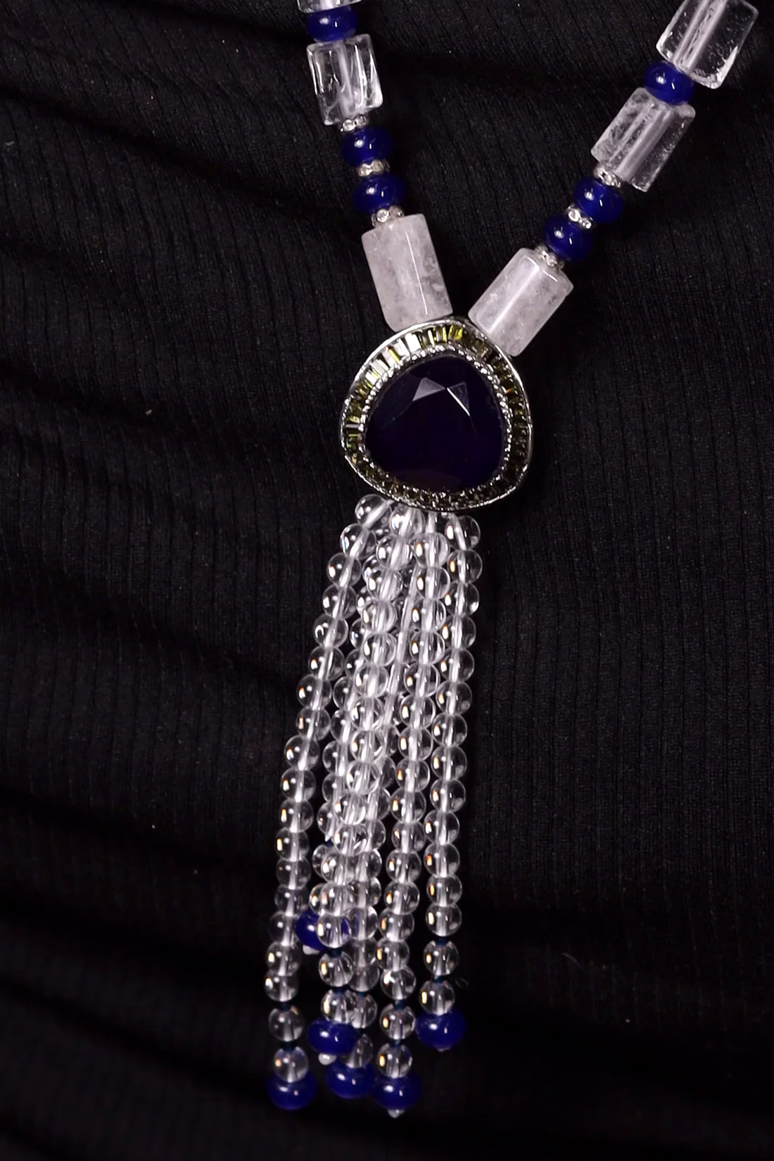 White Crystal with Blue Pendant String Necklace - Gemstones Necklace image 3