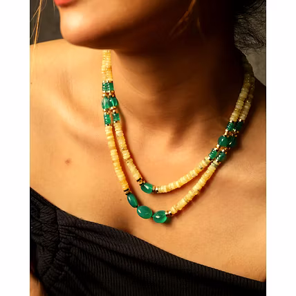 Yellow Opal with Green Onyx Necklace  - Gemstones Necklace-1
