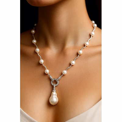 baroque pearl necklace with cz studded link – timeless grace gemstone necklace by emryn