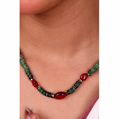 Green Zoisite &amp; Ruby Beads Gemstone Necklace-2