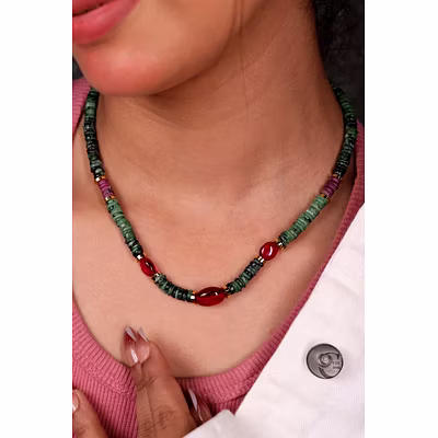 Green Zoisite &amp; Ruby Beads Gemstone Necklace-1