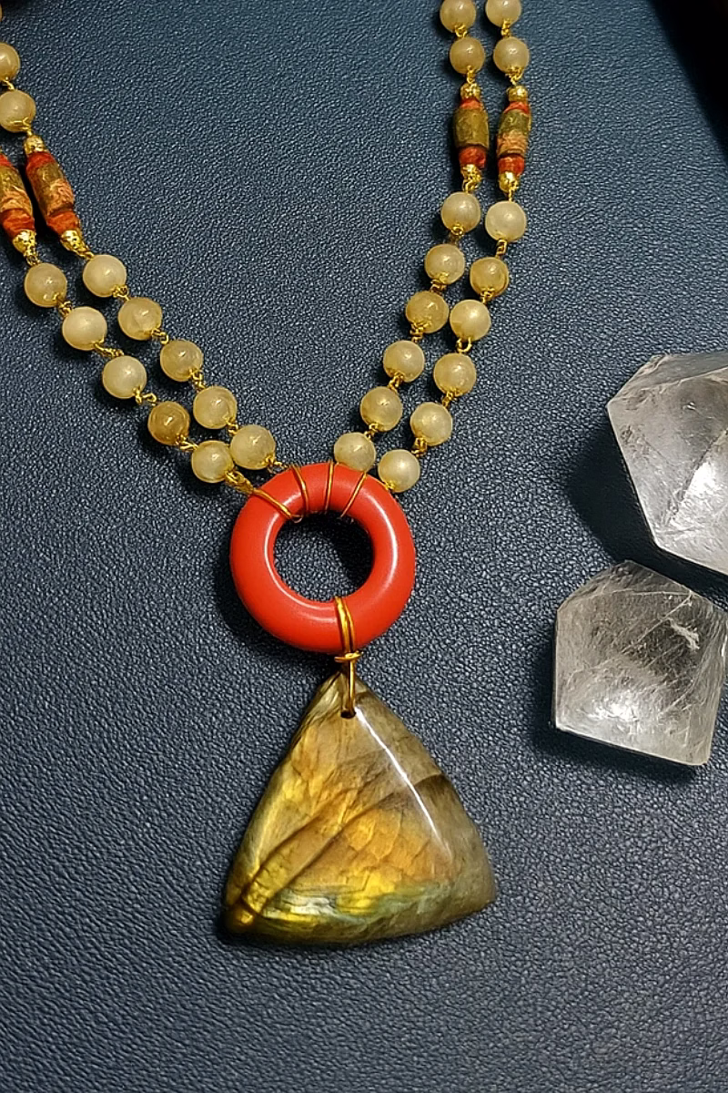 Handcrafted Double-Strand Gemstone Necklace with Red Donut and Labradorite Pendant – Gemstone Jewelry image 3
