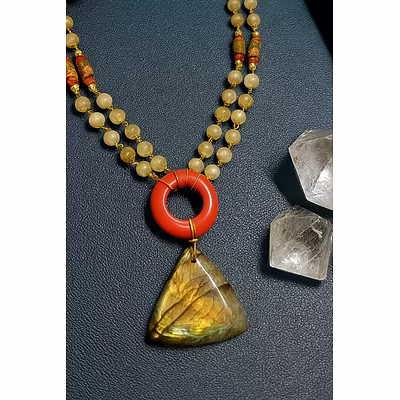 Handcrafted Double-Strand Gemstone Necklace with Red Donut and Labradorite Pendant – Gemstone Jewelry-2