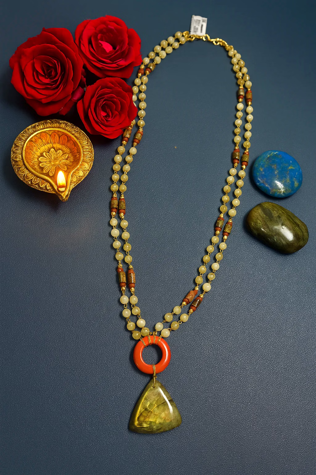 Handcrafted Double-Strand Gemstone Necklace with Red Donut and Labradorite Pendant – Gemstone Jewelry image 2