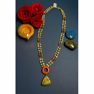 Handcrafted Double-Strand Gemstone Necklace with Red Donut and Labradorite Pendant – Gemstone Jewelry-1