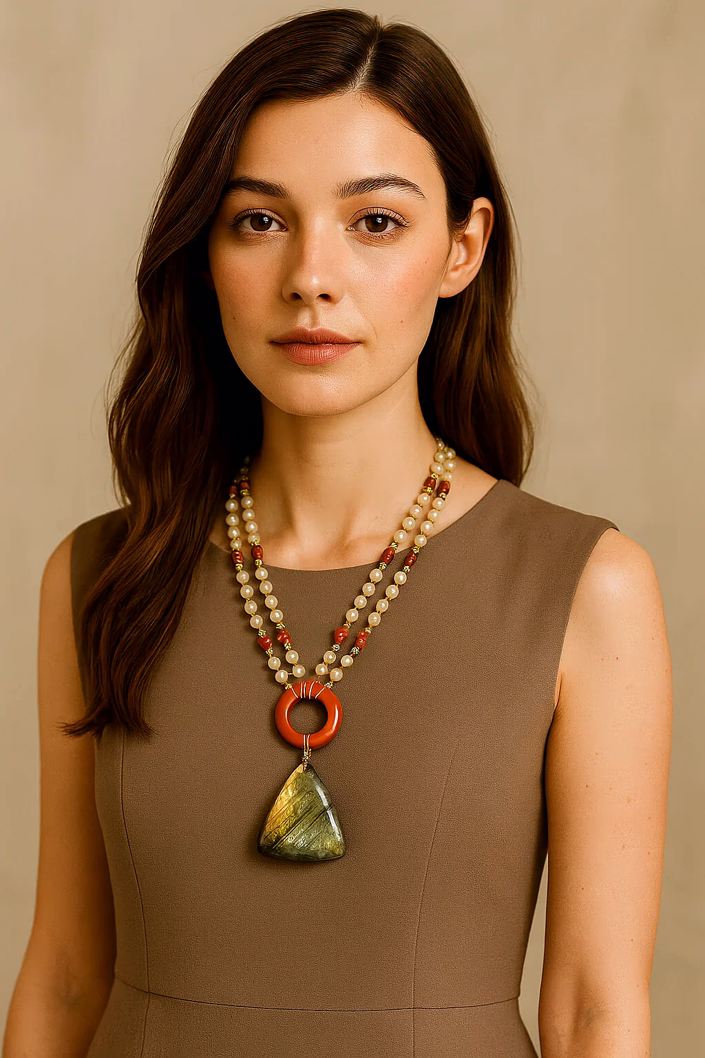 handcrafted double-strand gemstone necklace with red donut and labradorite pendant – gemstone jewelry