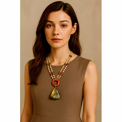 Handcrafted Double-Strand Gemstone Necklace with Red Donut and Labradorite Pendant – Gemstone Jewelry-12757601