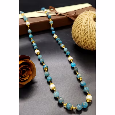 Handmade Blue Apatite Gemstone Necklace – Natural Stones &amp; Pearl Accents-1