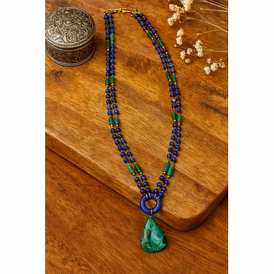 Lapis Lazuli &amp; Malachite Double-Strand Statement Necklace with Green Gemstone Pendant-2