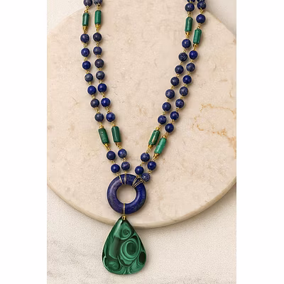 Lapis Lazuli &amp; Malachite Double-Strand Statement Necklace with Green Gemstone Pendant-1
