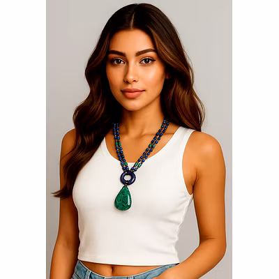 Lapis Lazuli &amp; Malachite Double-Strand Statement Necklace with Green Gemstone Pendant-12757627