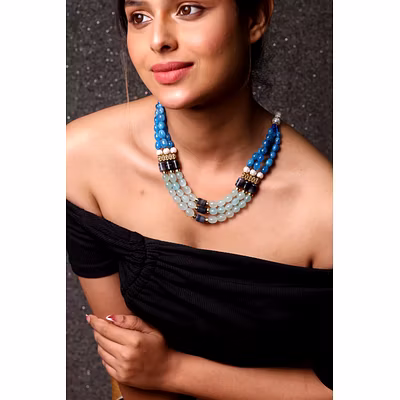Multi Blue Beads Gemstone Necklace-12757725