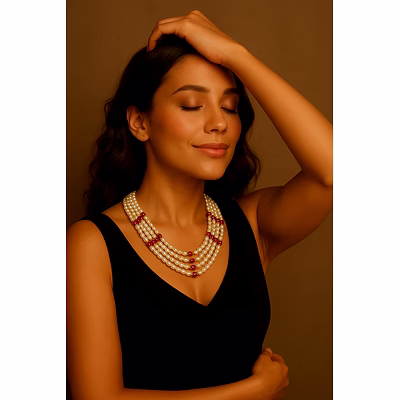 emryn multi-strand rice pearl gemstone necklace with ruby & gold beads | festive ethnic jewelry