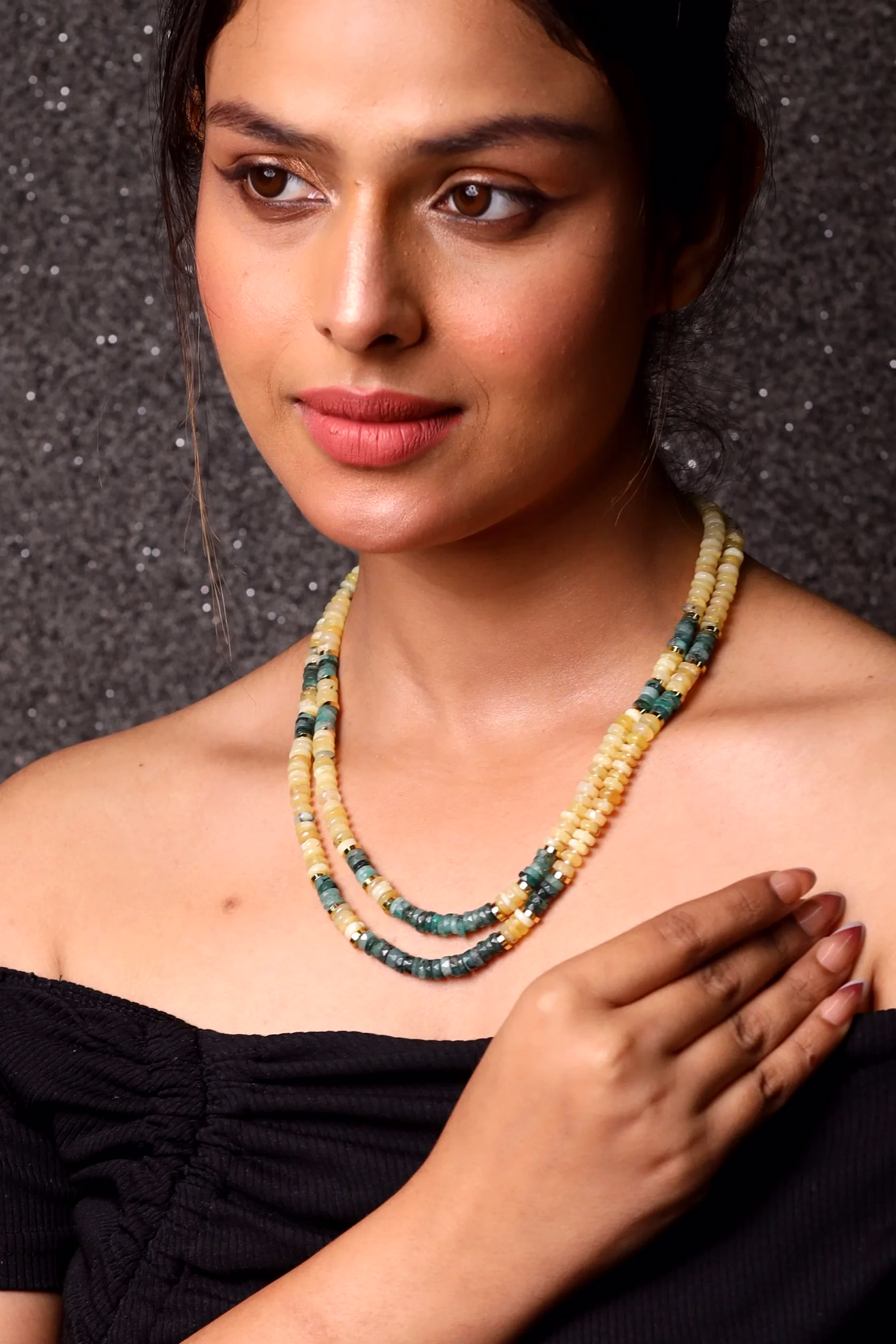 yellow opal& & emerald gemstone necklace
