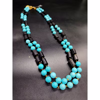 Blue Turquoise with Black Pipe Stones  Gemstone Necklace-2