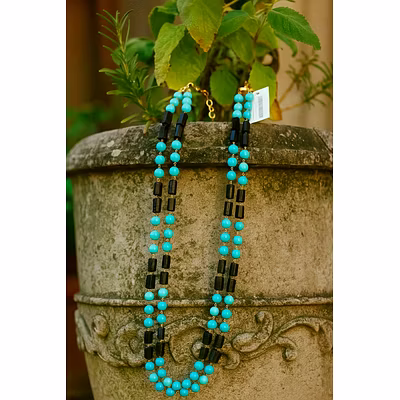 Blue Turquoise with Black Pipe Stones  Gemstone Necklace-1