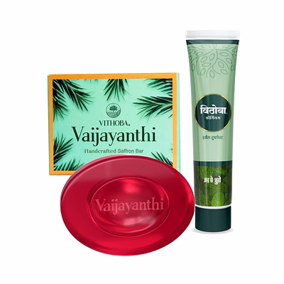 vithoba herbal premium toothpaste & vaijayanthi handcrafted saffron soap bar combo pack - 40g+75g