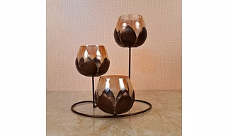 Lotus Candle Holder with 3 Glass Decorative Items for Dining Table, Living Room, Diwali Festive Decor (Pack of 1-Small)