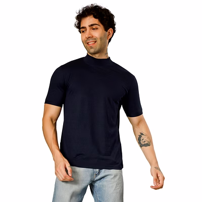 blueficus men solid high neck cotton blend t-shirt