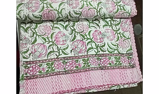 Indian Cotton Kantha Bedspread Handmade Block Print Bed cover Pink