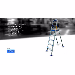 5 step aluminium ladder, foldable and flat steps, top handle and top plastic plate (model: k-7026 in lite)