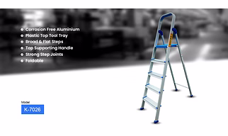 5 Step Aluminium Ladder, Foldable and Flat Steps, Top handle and Top Plastic Plate (Model: K-7026 in Lite)