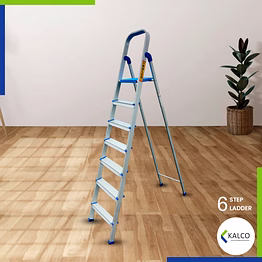 kalco 6 step aluminium ladder, foldable and flat steps, top handle and top plastic plate (model: k-7026 in lite)