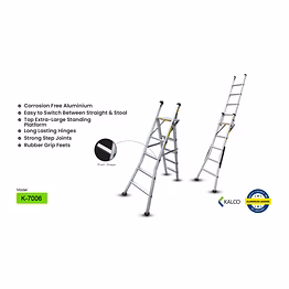 kalco multipurpose wall supporting & stool type foldable aluminium ladder, flat steps (model: k-7006, height: 4ft + 8ft in medium )